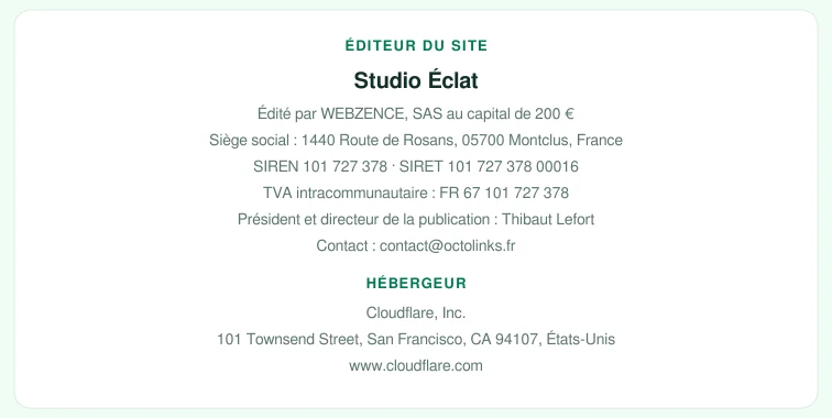 Coordonnées légales de l&rsquo;éditeur et de l&rsquo;hébergeur du site