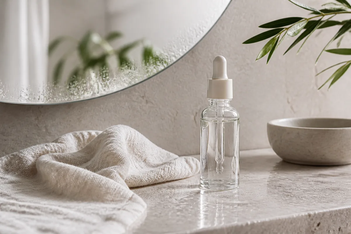 Salle de bain épurée avec flacon de sérum et gouttes d&rsquo;eau sur le plan de travail