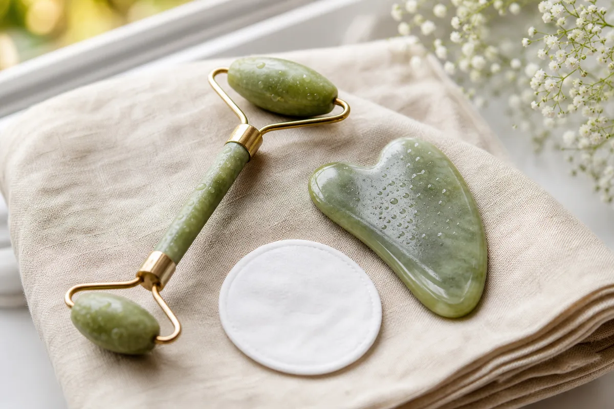Rouleau de jade et coton posés pour un drainage doux du contour des yeux
