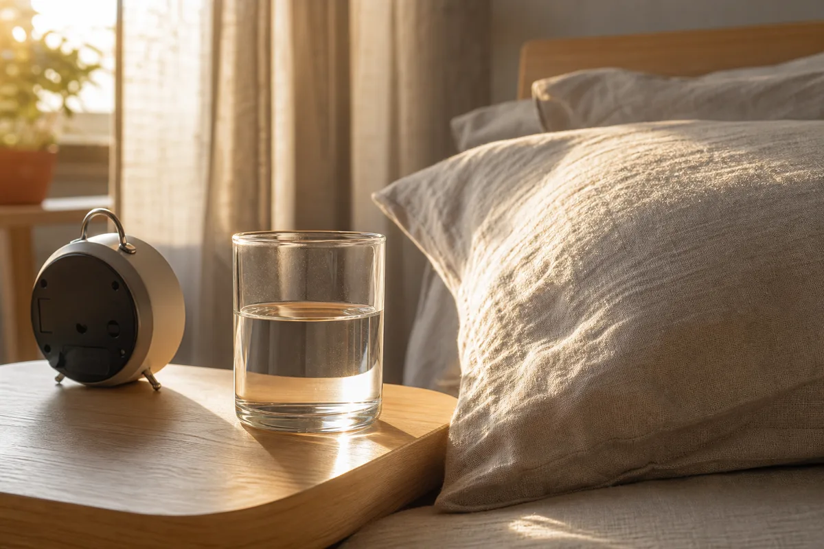 Verre d&rsquo;eau et oreiller en lin au réveil, gestes contre la rétention sous les yeux